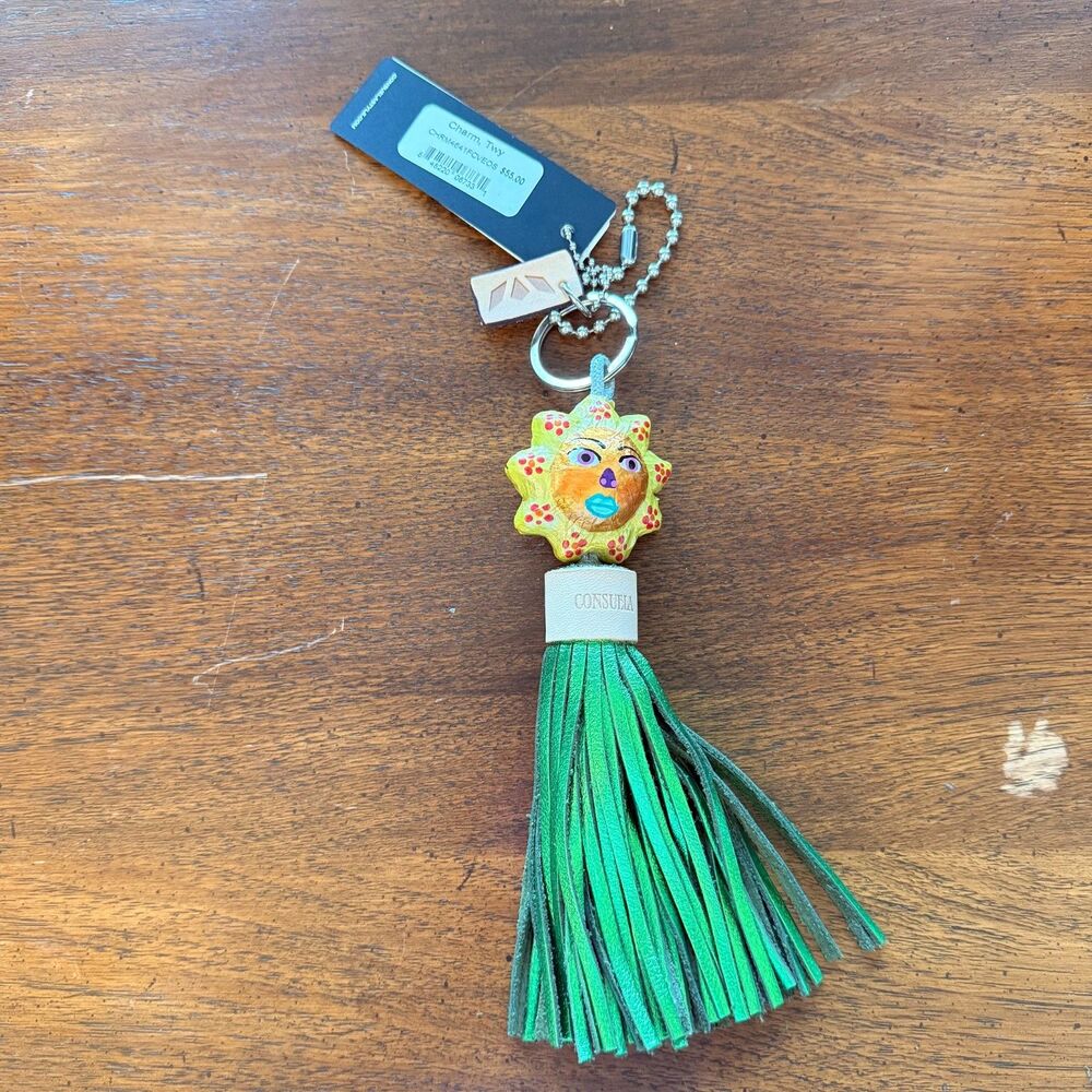 Consuela Sun Tassel Keychain Bag Charm Green Gold Leather Preowned Unused Tags